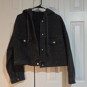 Black Denim Cropped Jacket with Hood